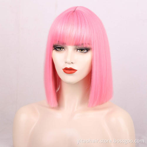 Pink Bob  Wig with Bangs Short Straight Synthetic Hair Wigs for  Women Neon Pink Shoulder Length Wig for Daily Cosply Party Use